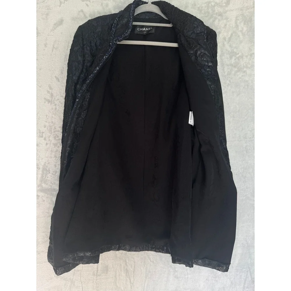 Chanel Black Blue Floral Jacquard Longline Jacket Camellia CC Logo FR50 US 16 18